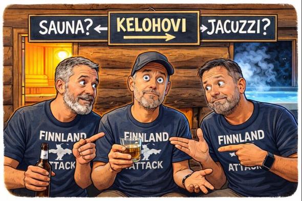 Drei Männer in einem Saunabereich zeigen auf ein Schild, das zwischen Sauna und Jacuzzi fragt.